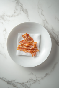 This image shows crispy, golden bacon between paper towels on a white ceramic plate atop a white marble cooktop.