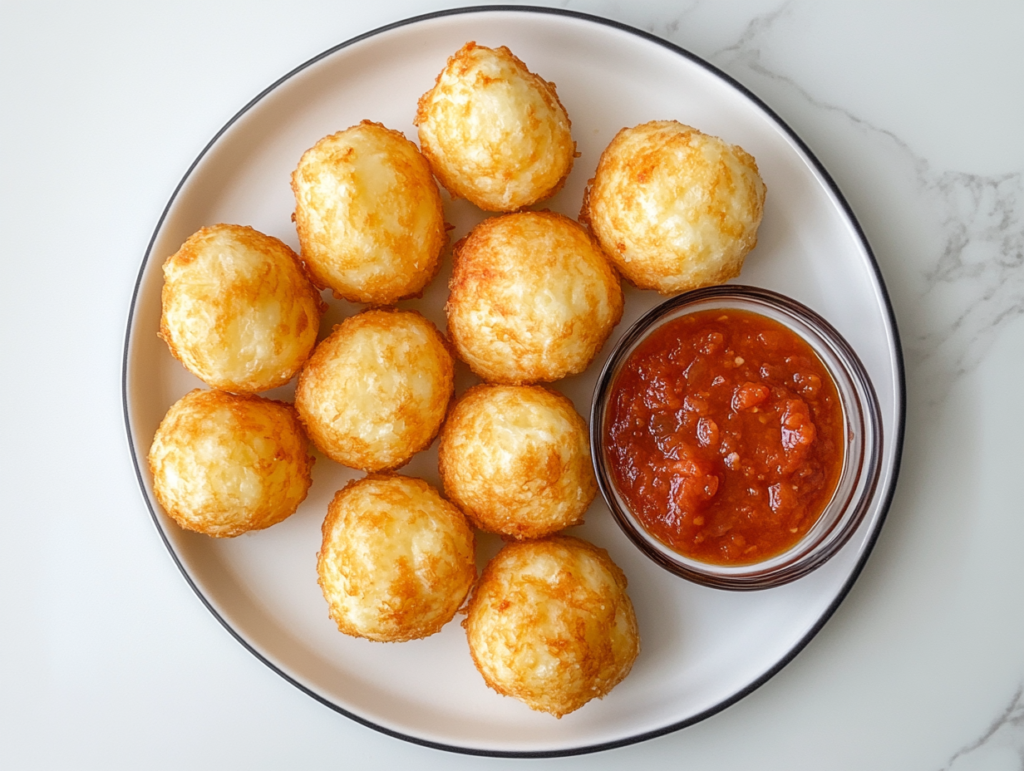 This image shows a plate of golden brown cheese bites served with pasta sauce, placed on a pristine white marble countertop.