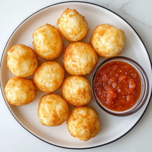 This image shows a plate of golden brown cheese bites served with pasta sauce, placed on a pristine white marble countertop.