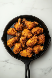 This image shows several flour-coated chicken pieces frying in hot vegetable oil inside a large black cast iron skillet, placed on a clean white marble countertop with no other items in the background.