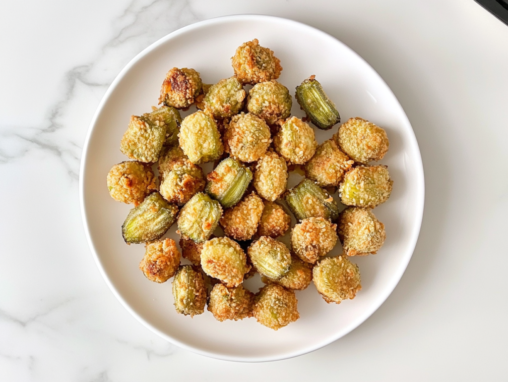 This image shows a white ceramic plate filled with golden fried okra placed on a white marble countertop with no background clutter.