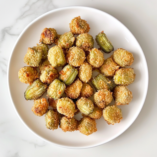 This image shows a white ceramic plate filled with golden fried okra placed on a white marble countertop with no background clutter.