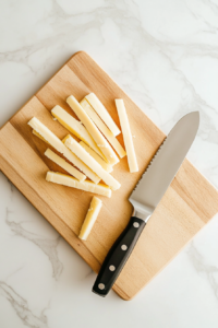 This image shows string cheese sticks being sliced into bite-sized pieces on a wooden cutting board over a white marble countertop.