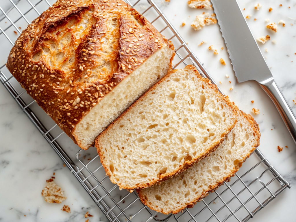 This image shows a freshly baked loaf of Dave’s Killer Bread resting on a white marble countertop, showcasing its golden crust and seed topping.