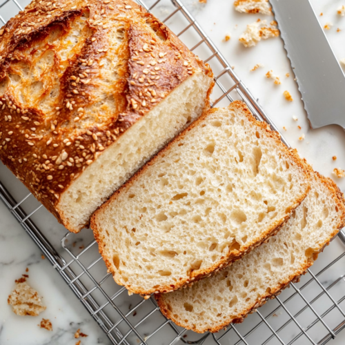 This image shows a freshly baked loaf of Dave’s Killer Bread resting on a white marble countertop, showcasing its golden crust and seed topping.