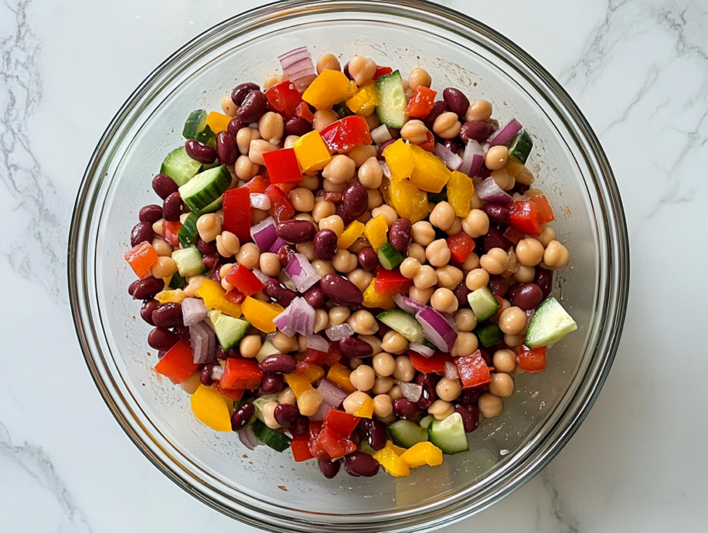 This image shows a vibrant dense bean salad in a large clear glass bowl, placed on a white marble countertop. The salad features chickpeas, navy beans, red onions, bell peppers, cucumbers, and Kalamata olives, all tossed together and garnished with fresh herbs. The background is clean and minimal.