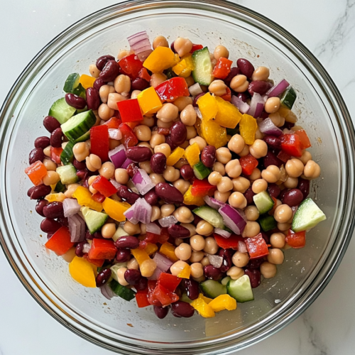 This image shows a vibrant dense bean salad in a large clear glass bowl, placed on a white marble countertop. The salad features chickpeas, navy beans, red onions, bell peppers, cucumbers, and Kalamata olives, all tossed together and garnished with fresh herbs. The background is clean and minimal.