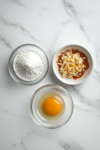 This image shows a neatly arranged dredging station with tapioca, egg, and Cauli Crunch mixture on a white marble surface.