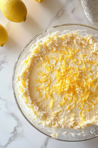 This image shows melted butter drizzled around the edge of the batter with lemon zest sprinkled on top in a glass bowl on white marble.