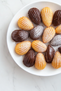 This image shows a white plate of madeleines, some dusted with powdered sugar and some dipped in chocolate, on a clean white marble cooktop.