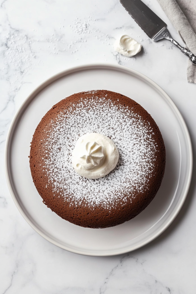 This image shows a dusted Gateau Au Chocolat served with whipped cream on a white marble surface, captured from the top with no background clutter.