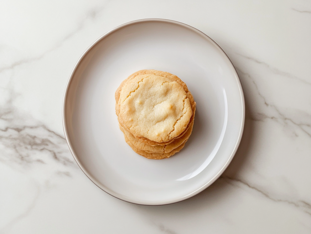 This image shows a top-down view of golden Earl Grey cookies stacked on a plate over a clean white marble surface, with a bright, minimal background.