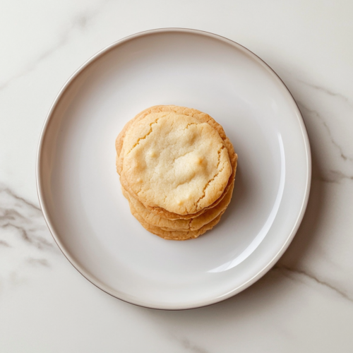 This image shows a top-down view of golden Earl Grey cookies stacked on a plate over a clean white marble surface, with a bright, minimal background.