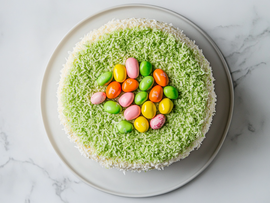 easter-cake-with-coconut-featured-top-view-white-marble