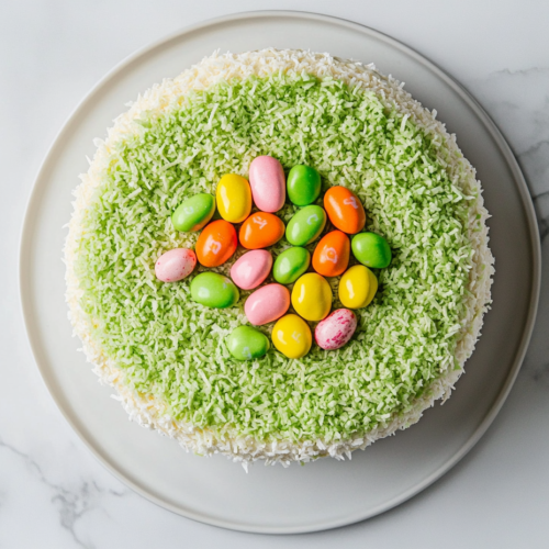 easter-cake-with-coconut-featured-top-view-white-marble