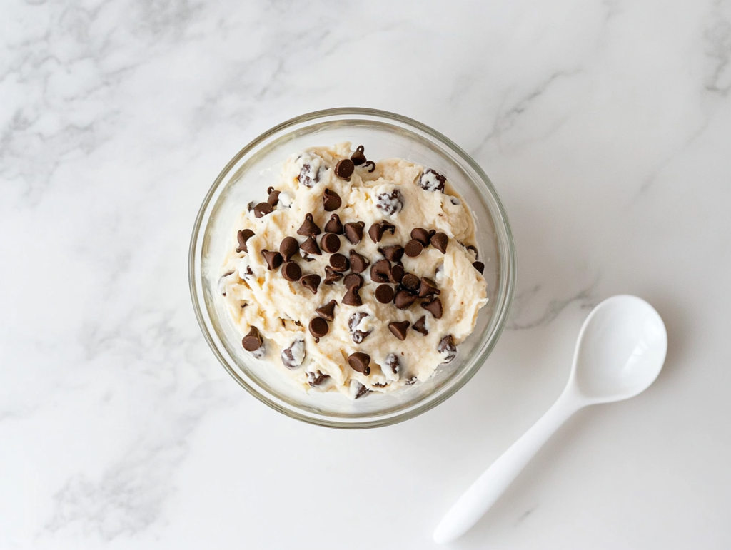 This image shows a white ceramic bowl filled with creamy edible cookie dough dotted with chocolate chips, placed on a spotless white marble countertop.