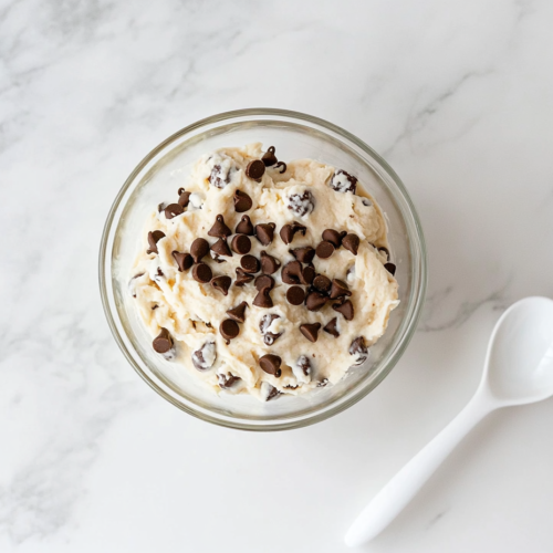 This image shows a white ceramic bowl filled with creamy edible cookie dough dotted with chocolate chips, placed on a spotless white marble countertop.