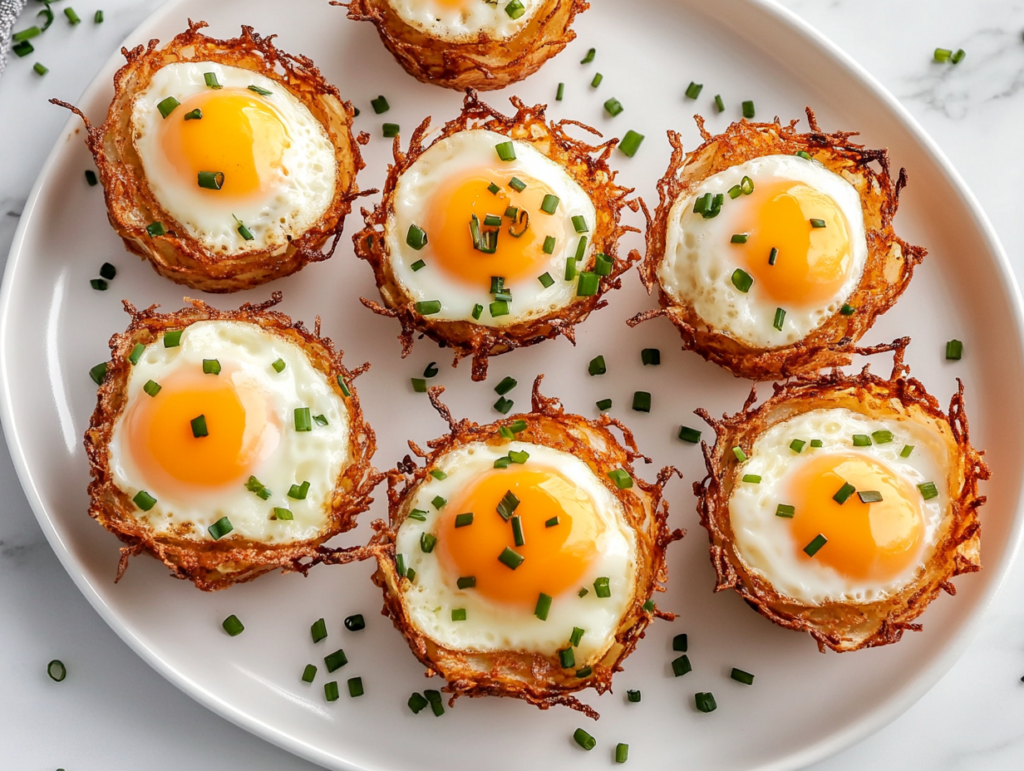 This image shows a finished serving of Eggs in Crispy Hash Brown Baskets arranged neatly on a white plate, placed over a clean white marble countertop. The hash brown baskets are golden and crispy with perfectly set eggs in the center.