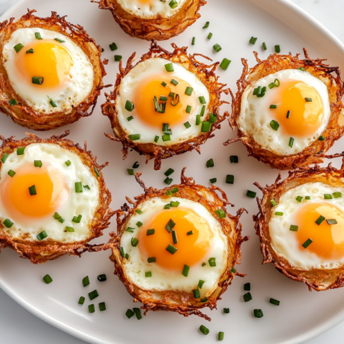 This image shows a finished serving of Eggs in Crispy Hash Brown Baskets arranged neatly on a white plate, placed over a clean white marble countertop. The hash brown baskets are golden and crispy with perfectly set eggs in the center.