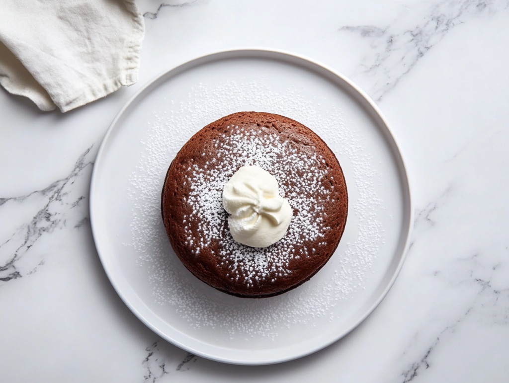 This image shows a rich Gateau Au Chocolat on a white cake stand with a light dusting of icing sugar and vanilla ice cream, captured top-down over a white marble countertop with no distractions in the background.