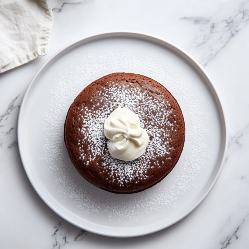 This image shows a rich Gateau Au Chocolat on a white cake stand with a light dusting of icing sugar and vanilla ice cream, captured top-down over a white marble countertop with no distractions in the background.