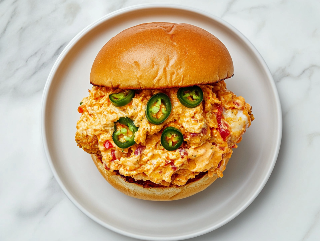 This image shows a fully assembled honey pepper pimento chicken sandwich on a clean white marble background, captured from above with no other items in the scene.