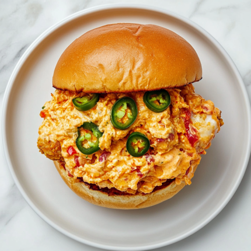 This image shows a fully assembled honey pepper pimento chicken sandwich on a clean white marble background, captured from above with no other items in the scene.
