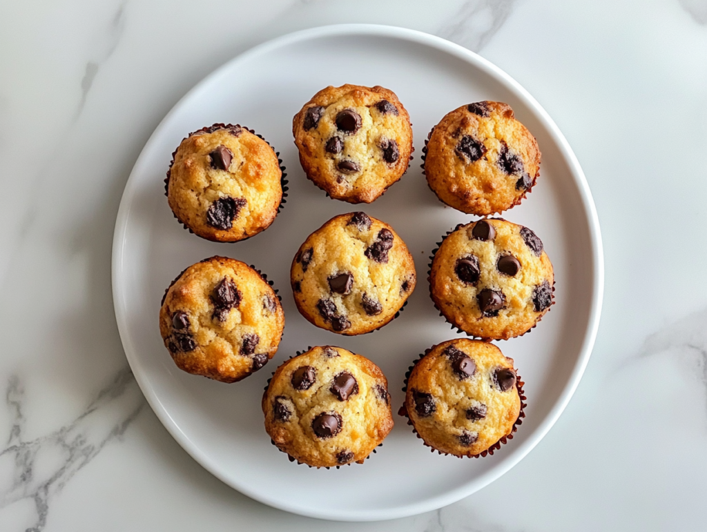 This image shows freshly baked golden-brown chocolate chip muffins arranged on a white ceramic plate over a clean white marble countertop