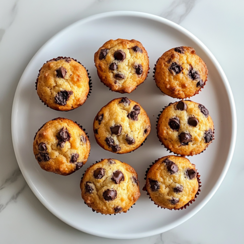 This image shows freshly baked golden-brown chocolate chip muffins arranged on a white ceramic plate over a clean white marble countertop