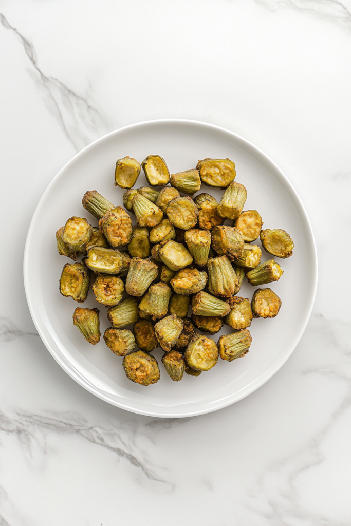 This image shows golden, crispy fried okra arranged on a white ceramic plate on a clean white marble cooktop, ready to be served.