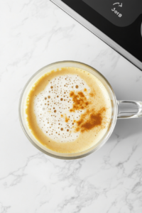 This image shows a fully blended golden milk latte in a clear glass mug, sitting on a white marble cooktop with foam on top and a smooth texture.