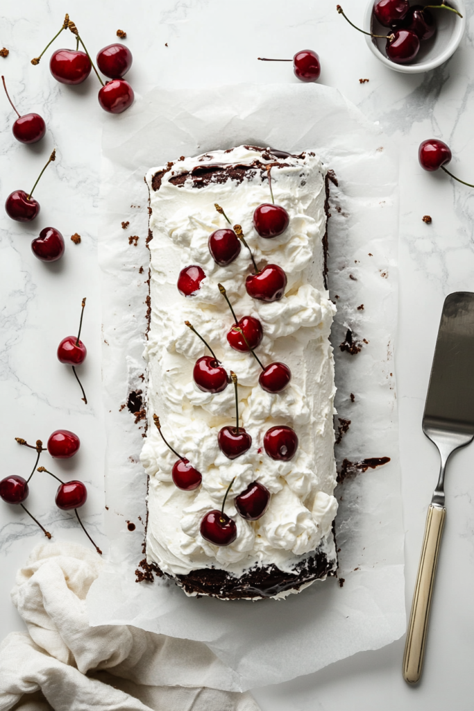 This image shows a finished Black Forest cake roll topped with ganache, piped whipped cream, and cherries, resting on parchment on a white marble cooktop.