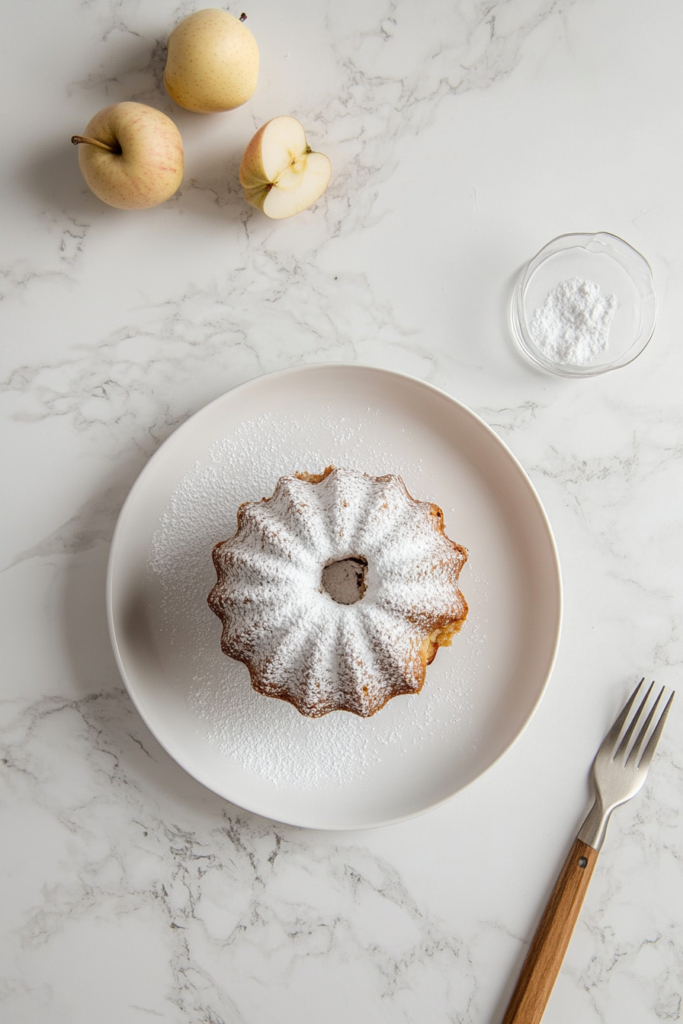 This image shows the finished Apple Bundt Cake dusted with confectioners' sugar on a clean white marble countertop.