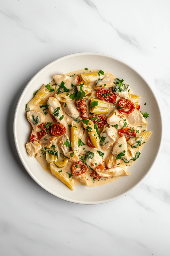 finished-chicken-pasta-in-skillet-garnished-on-marble