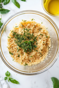 This image shows a clear glass mixing bowl on a white marble countertop, with couscous fully mixed and topped with extra basil, thyme, and olive oil drizzle.