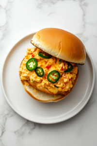 This image shows a sandwich being assembled with pimento cheese spread on top of crispy chicken, about to be topped with the final bun.