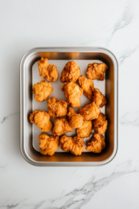 This image shows crispy fried chicken pieces sitting inside a silver oven-safe tray, placed on a clean white marble countertop with no other items in the background, ready to be kept warm.