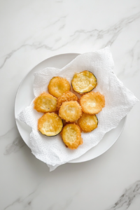 This image shows fried breaded zucchini slices draining on a paper towel-lined white ceramic plate over a white marble countertop.