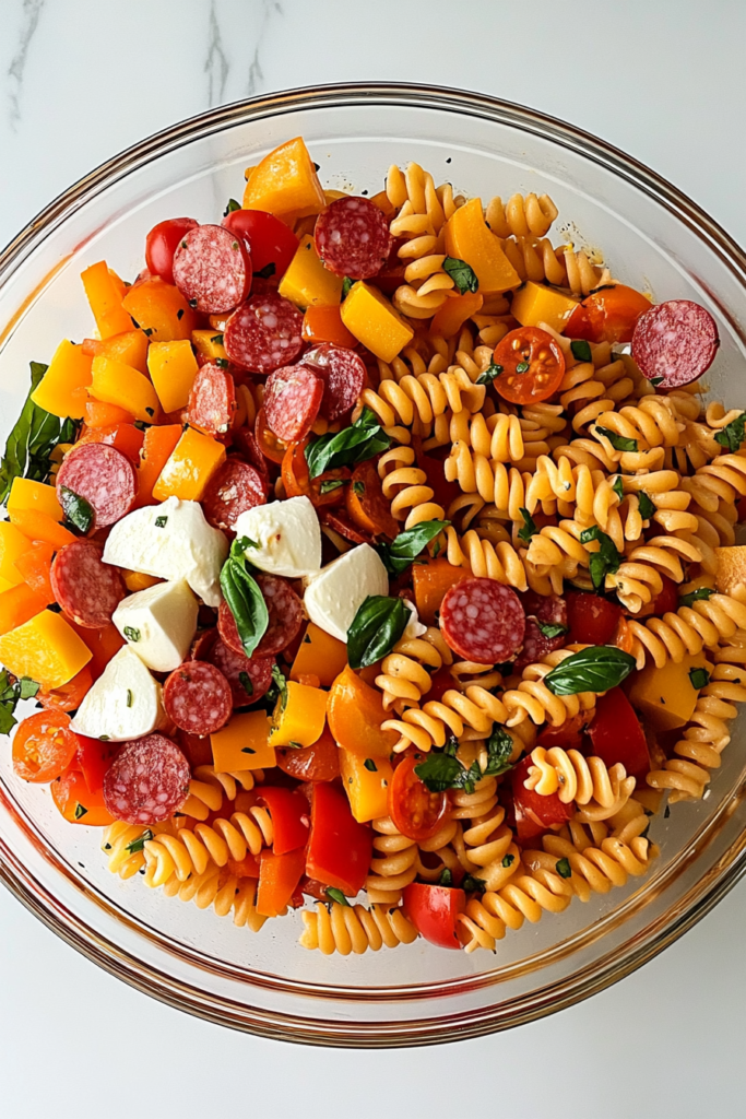 This image shows a fully tossed rotini pasta salad in a glass bowl, evenly coated with Italian dressing, resting on a white marble cooktop.