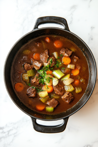 This image shows minced garlic added to sautéed onion, carrots, and celery inside a large black soup pot on a white marble countertop.