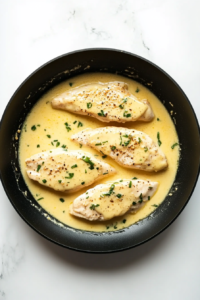 garlic-butter-sauce-spooned-over-chicken-in-skillet-on-white-marble
