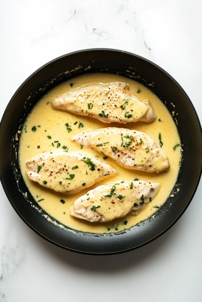 garlic-butter-sauce-spooned-over-chicken-in-skillet-on-white-marble