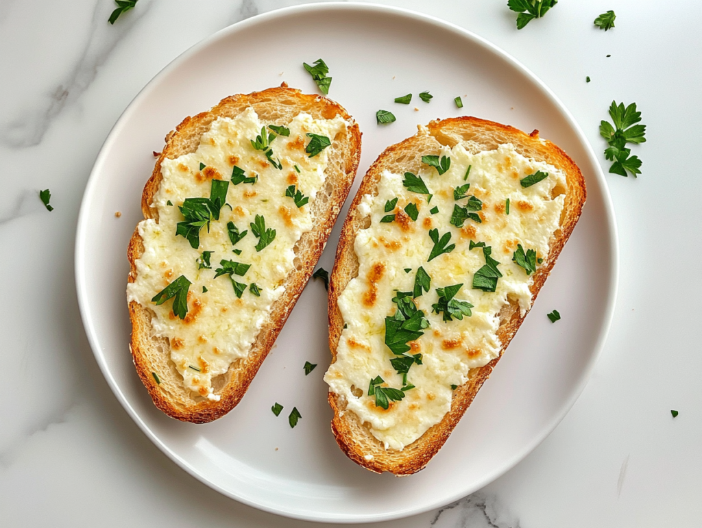 This image shows golden brown garlic mozzarella bread sliced into neat pieces, garnished with parsley and placed on a white tray over a white marble countertop.
