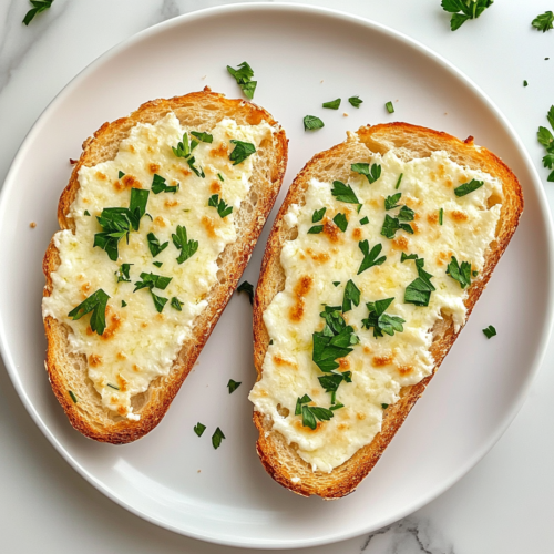 This image shows golden brown garlic mozzarella bread sliced into neat pieces, garnished with parsley and placed on a white tray over a white marble countertop.