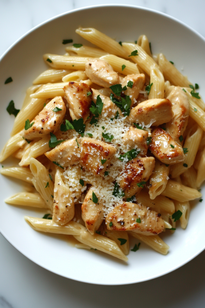 garlic-parmesan-chicken-pasta-bake-finished-closeup-overhead