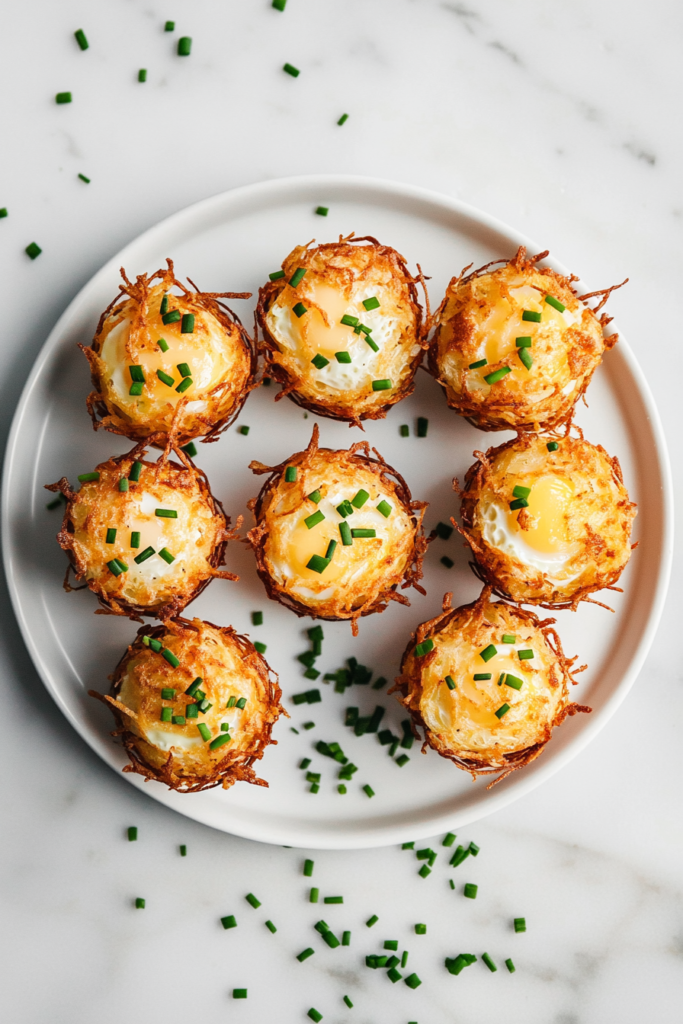 This image shows the removed hash brown egg baskets on a white ceramic plate over a white marble countertop, freshly garnished with chopped green chives.