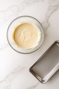 This image shows a large glass bowl filled with smooth banana batter and a shiny silver loaf pan, placed alone on a clean white marble countertop.