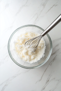 This image shows a top-down view of a large clear glass bowl on a white marble countertop, holding creamed butter and sugar with a silver electric hand mixer resting inside the fluffy mixture.