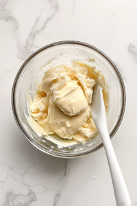 This image shows a glass bowl with softened butter and sugar creamed together, along with a white electric hand mixer, all placed on a spotless white marble countertop.