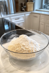 This image shows a glass bowl with flour, yeast, and salt placed separately inside on a white marble surface.